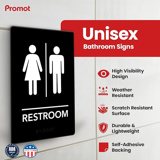 Promot Unisex Bathroom Sign – ADA Braille Restroom Sign for Business, Self-Adhesive, 9" x 6", Commercial Door Signage, Office Wall Decor - Black