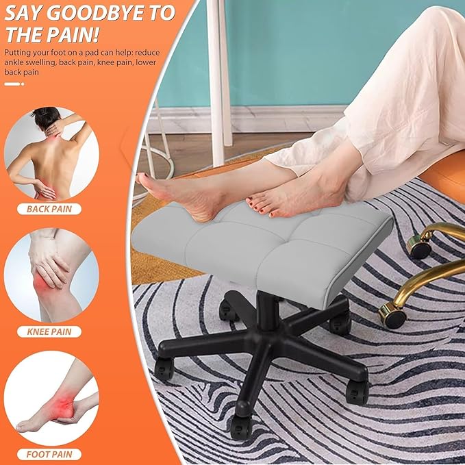 Footrest Under Desk Leg Rest Ottoman Adjustable Height Foot Stool with Wheels Leather Footrest Grey