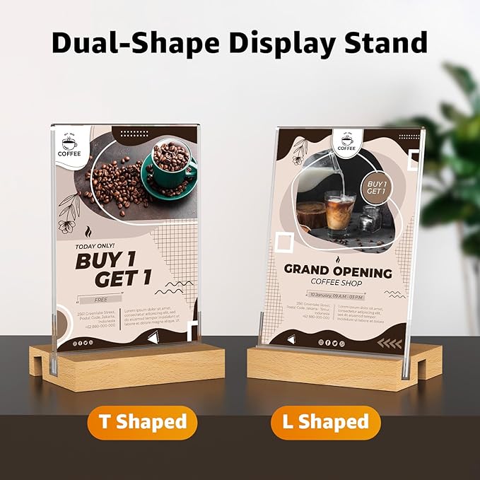 MaxGear L/T Shape Acrylic Sign Holder, 4 X 6 Clear Table Display Stand with Wooden Base, Flyer Menu Holder Photo Frames Paper Stand for Office, Wedding, Restaurants, Hotels 3 Pack