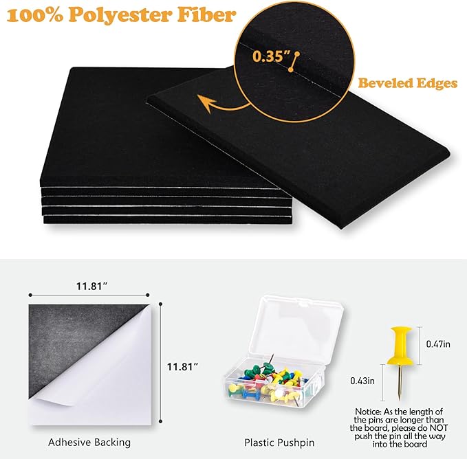 Large Cork Board for Wall with Pins, 36" x 24" Bulletin Board Self-Adhesive Pin Board | Customized 6 Packs Felt Tiles for Office Home Wall Decor, Black