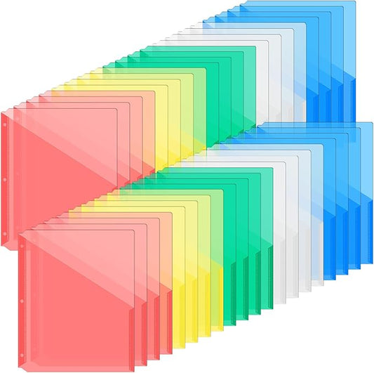 Maitys 50 Pack Binder Pockets 3 Hole Punch Clear Plastic Document Folders Binder Organizer Store Letter Size 8.5x11 Inch Paper Folders with Pockets Slash File Jacket for Office (Fresh Color)