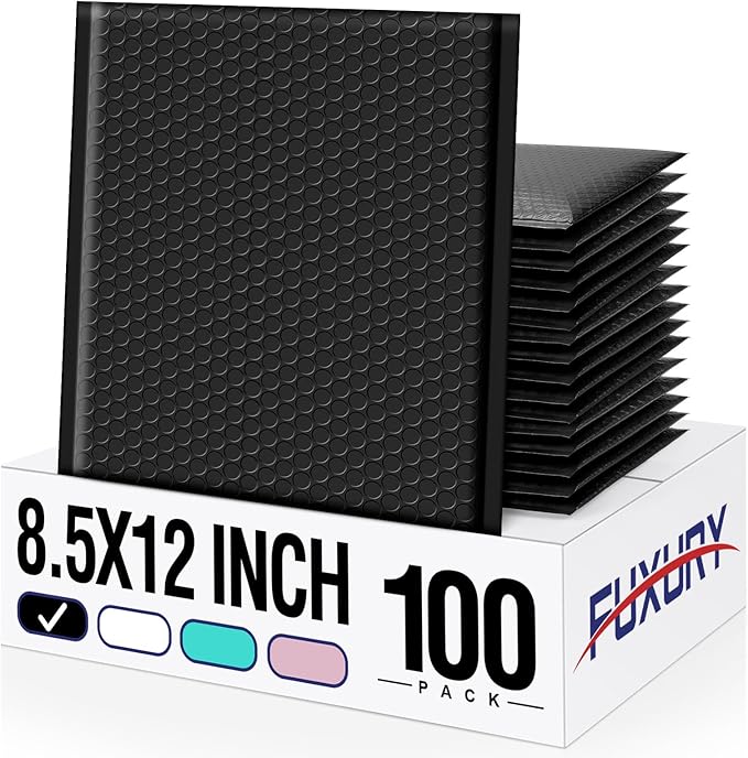 Fuxury 100 Pack Black Bubble Mailers 8.5x12" Medium Opaque Bubble Envelopes Strong Adhesion Bubble Mailer Thick Padded Envelopes Mailers for Small Business Mailing Books Clothes Makeup Supplies