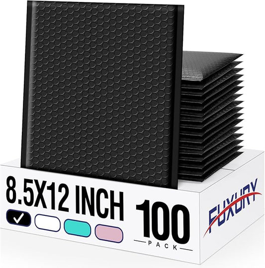 Fuxury 100 Pack Black Bubble Mailers 8.5x12" Medium Opaque Bubble Envelopes Strong Adhesion Bubble Mailer Thick Padded Envelopes Mailers for Small Business Mailing Books Clothes Makeup Supplies