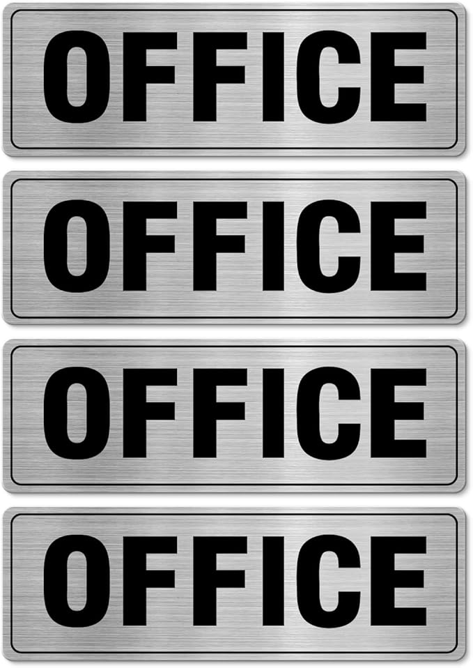 Office Sign Aluminum Silver 9 x 3 Inches Self-Adhesive Waterproof Metal Door Wall Sign for Business Offices 4 Pack