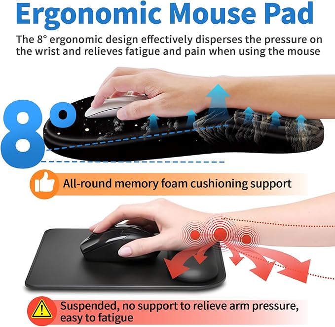 YIWEI Ergonomic Mouse Pad with Wrist Rest Support, Mousepad with Comfortable Memory Foam Wrist Rest and Non-Slip PU Base for Pain Relief, Computer, Laptop, Office, Home (Moon)