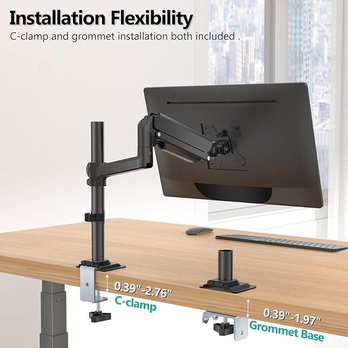 WALI Single Monitor Arm 13-32 Inch, Single Monitor Mount, Vesa Desk Mount up to 19.8lbs Gas Spring Arm with Clamp, VESA 75x75mm or 100x100mm Compatibility(GSDM001), Black