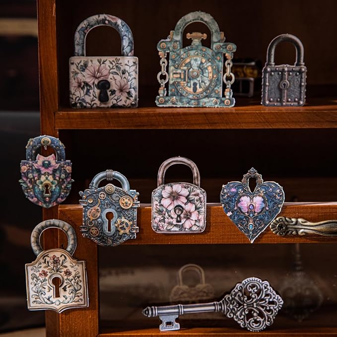 120 PCS Vintage Textured Cardstock Hollowed Key and Lock Stickers, Aesthetic Decorative Key and Lock Scrapbook Stickers for DIY Diary Junk Journal Handbook Journaling Scrapbooking Supplies Kit