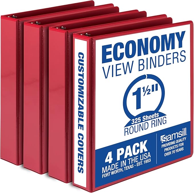 Samsill 1.5 Inch 3 Ring Binders, Made in USA, Economy Round Ring, Clear View Cover, 325 Sheet Capacity - for School, Home, Office - Red, 4 Pack