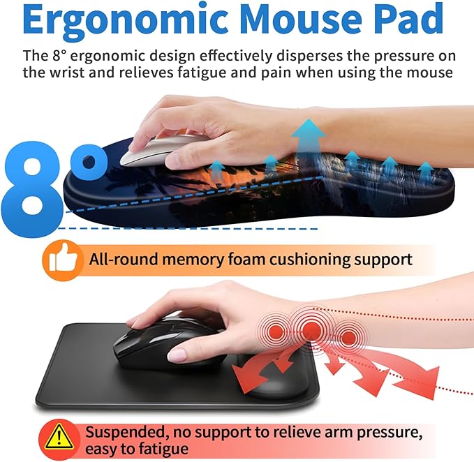 YIWEI Ergonomic Mouse Pad with Wrist Rest Support, Mousepad with Comfortable Memory Foam Wrist Rest and Non-Slip PU Base for Pain Relief, Computer, Laptop, Office, Home (Sunset Beach)