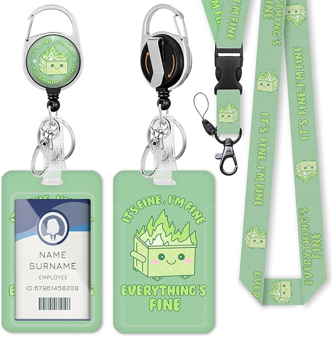 Gctriki ID Badge Holder with Lanyard, Dumpster on Fire Lanyard for Keys, Funny I'm Fine Retractable Badge Reel Clip, Teacher Lanyards for ID Badges Holder, Nurse Teacher Doctor Women Office Gifts