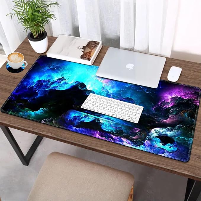 AIMSA Keyboard Mouse Pad Wrist Rest Set, Extended Desk Mat+ Ergonomic Mouse Pad with Wrist Rest+ Keyboard Wrist Support+ Coaster, 35x15.7in Large Mousepad for Home Office, Nebula Galaxy