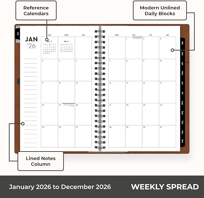 Blue Sky ASMBLD 2026 Weekly and Monthly Planner Calendar, January 2026 - December 2026, 5" x 8", Faux Leather Cover, Durable Twin Wire Binding, Storage Pocket, Laminated Tabs, Refillable, Pen Loop, Tan