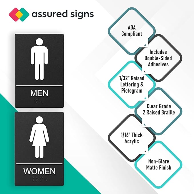 ASSURED SIGNS Bathroom Signs, Restroom Sign For Business - For Men and Women - 10 Pack - 9" by 6" - ADA Compliant with Braille - Strong Double-Sided Adhesives Included - Apply to Office, Home, Public Door/Wall