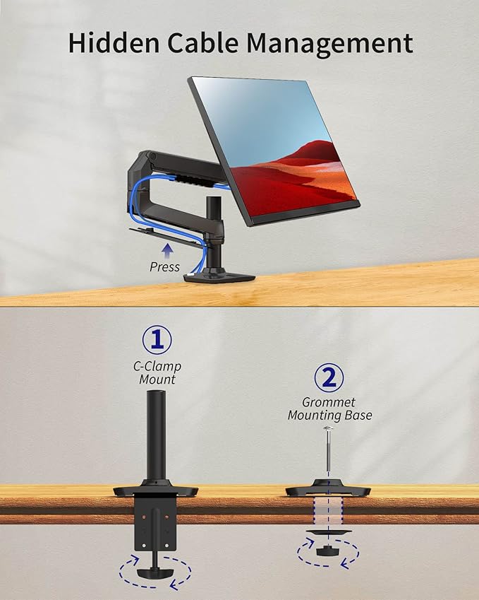 Single Monitor Arm Desk Mount, Holds Screens up to 40 Inches and 25 lbs, Fully Adjustable Vesa Monitor Mount with C-Clamp and Grommet Base, Aluminum, Black