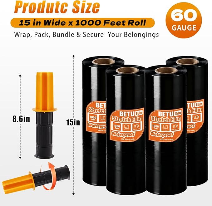BETU Plastic Wrap Stretch Film for Moving Supplies 15inch X 1000ft, Shrink Wrap Stretch Roll Industrial for Furniture Wrapping Shipping Pallet Moving Boxes Storage with Handles, 4 Pack, Black