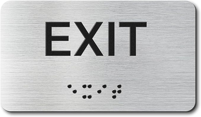 Exit Signs with Raised Text & Grade 2 Braille, Brushed Aluminum/Silver Finish Easy Install with Double-Sided Tape, ADA Compliant Exit Signs for Businesses & Offices
