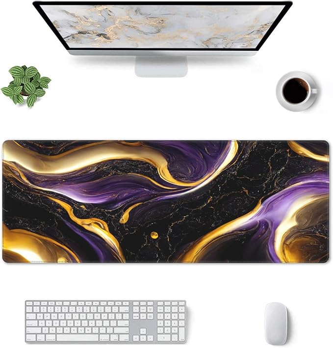 Black Marble Extended Big Mouse Pad Large,XL Gaming Mouse Pad Desk Pad,31.5x11.8inch Long Computer Keyboard Mouse Mat Mousepad with 3mm Non-Slip Base for Home Office Work-Purple and Gold Marble