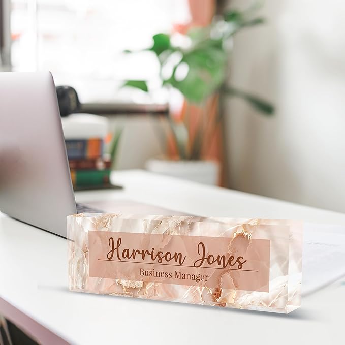 Personalized Name Plate for Desk, Custom Desk Name Plate, Acrylic Name Plate Office Desk Accessories, Personalized Office Gifts for Coworkers Teachers, Employee Appreciation Gifts (B-Pink Flowing)