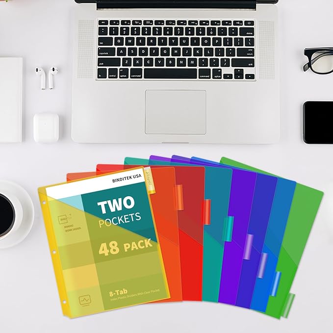 Binditek 48 Pack Plastic 8-Tab Binder Dividers with 2 Pockets, Tab Insertable Poly Pocket Dividers for 3 Ring Binders, Letter Size, Multicolor, Writable Label Cards, for Students and Coworkers, 6 Set