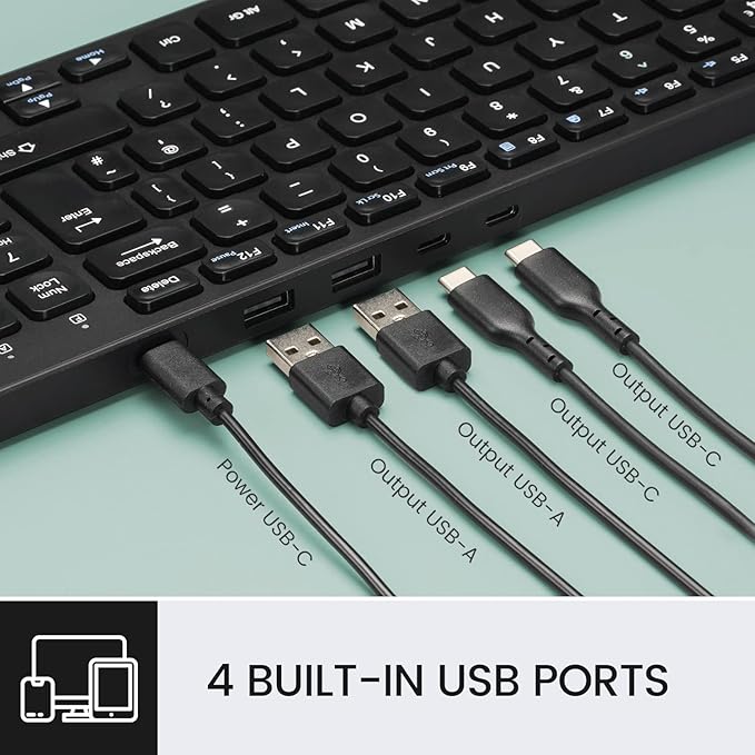 Perixx PERIBOARD-215B US, Wired Keyboard - Ultra Slim Scissor Keys - 2 Built-in USB-A & USB-C Ports - Detachable Cable - Black - US English