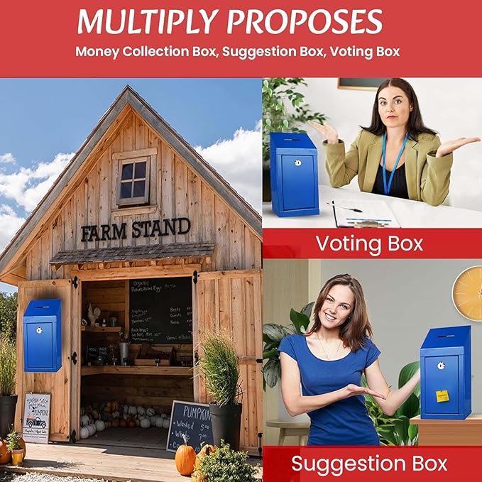 Metal Donation Box-Suggestion Box with Slot and lock-Cash Lock box for Money-Waterproof Drop Box-Comment and ballot voting box-comes with pre-drilled holes for easy wall mounting 10 X 6 X 2.5"(Blue)