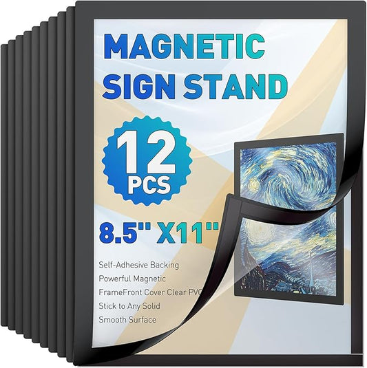 Uniclife 12 Pack Magnetic Sign Holder 8.5" x 11" Self-Adhesive Magnetic Picture Frame Wall Mounted Display Frame for Home Office Store Poster Document Holder for Wall Door Glass Window Refrigerator