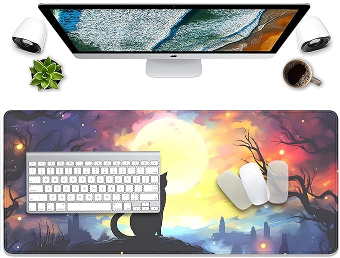 Black Cat Starry Night Mouse Pad Desk Mat,Large Extended Gaming Mouse Pad with Stitched Edges,Non-Slip Waterproof Rubber Base for Office,Computer,Keyboard,Laptop and Home Desk Pad(27.5X11.8 in)