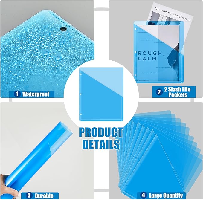 Seajan 48 Pcs Pocket Folders for 3 Ring Binder Clear Plastic Folders Sleeves with 2 Pockets 3 Hole Punch Binder Dividers Poly Slash File Jackets for Office School Document Organizer (Blue)