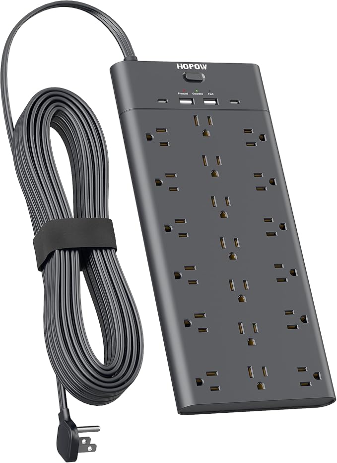 Surge Protector Power Strip with 19 Outlets and 4 USB Ports, HOPOW 15 Ft Flat Plug Heavy Duty Extension Cord, 1875W, 2100J Surge Protection, Wall Mount for Home, Office, Gaming Room, Dorm, Black