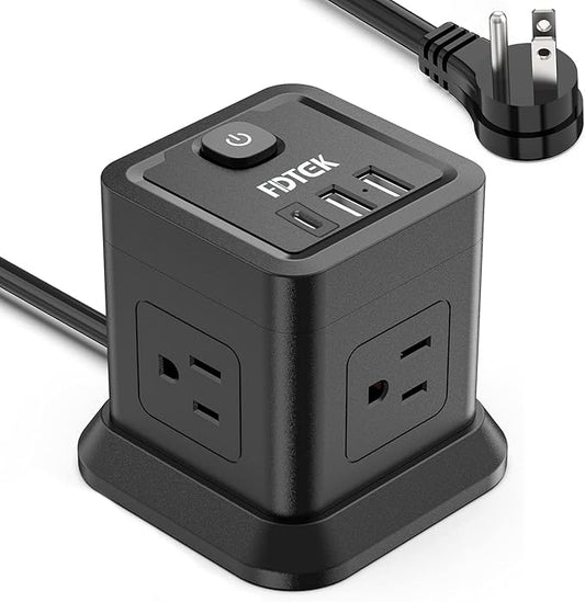 Power Strip with USB C, FDTEK Flat Plug Extension Cord with 4 Outlets and 3 USB Ports 10 FT Desk Power Strip Cube Overload Protection Compact Portable for Travel Home Office Cruise Ship - Black