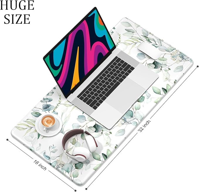 Desk Mat, 32" x 16" XXL Extended Large Gaming Mouse Pad, Desktop Decor Desk Pad, Cute Men Women Office Supplies and Accessories, XL Mouse Mat for Laptop & Keyboard, Minimalism White Flower