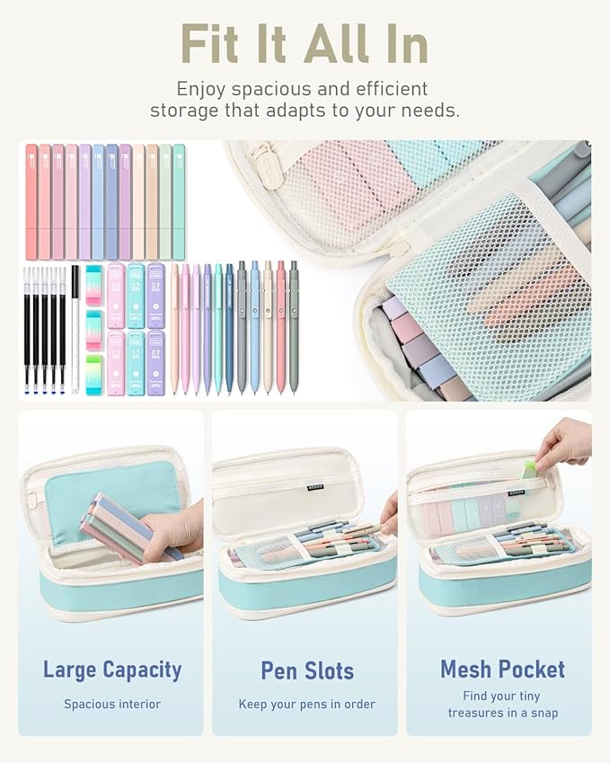 Four Candies 39 PCS Aesthetic School Supplies with Cute Pen Case, 12 Pastel Highlighters, 5 Black Ink Gel Pens, 6 Mechanical Pencils Set for Students Stationary College Essentials (Blue)
