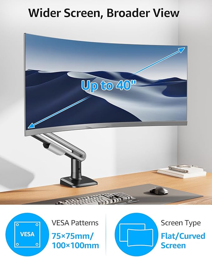 MOUNTUP Single Monitor Desk Mount for 4.4-26.5lbs, Heavy Duty Monitor Arm for 39 37 34 32 27inch, Full-Motion Monitors Stand, Height Adjustable Gas Spring Monitors Arm with C-Clamp＆Grommet Base