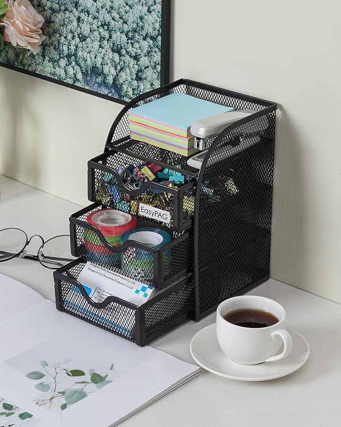 EasyPAG Mesh Desk Organizer with 3 Drawer Office Desktop Organizers and Accessories Stationery Caddy for Office, Home, Students, Black