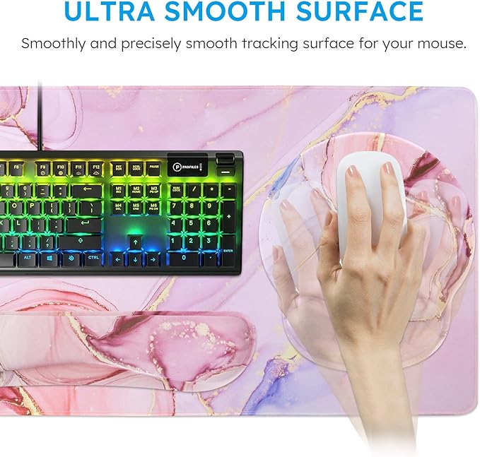 iCasso Desk Mat, Gaming Mouse Pad Wrist Support Set,4in1 XXL Large Mousepad + Keyboard Wrist Rest+Mouse Wrist Rest+Coaster Set with Ergonomic Design for Home Office Table Computer-Glitter Marble