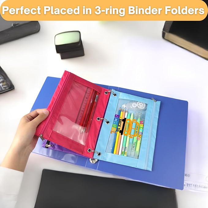 Pencil Pouch for 3 Ring Binder, School Bus Back to School Cartoon Pattern Zipper Pencil Case Bag with Clear Window