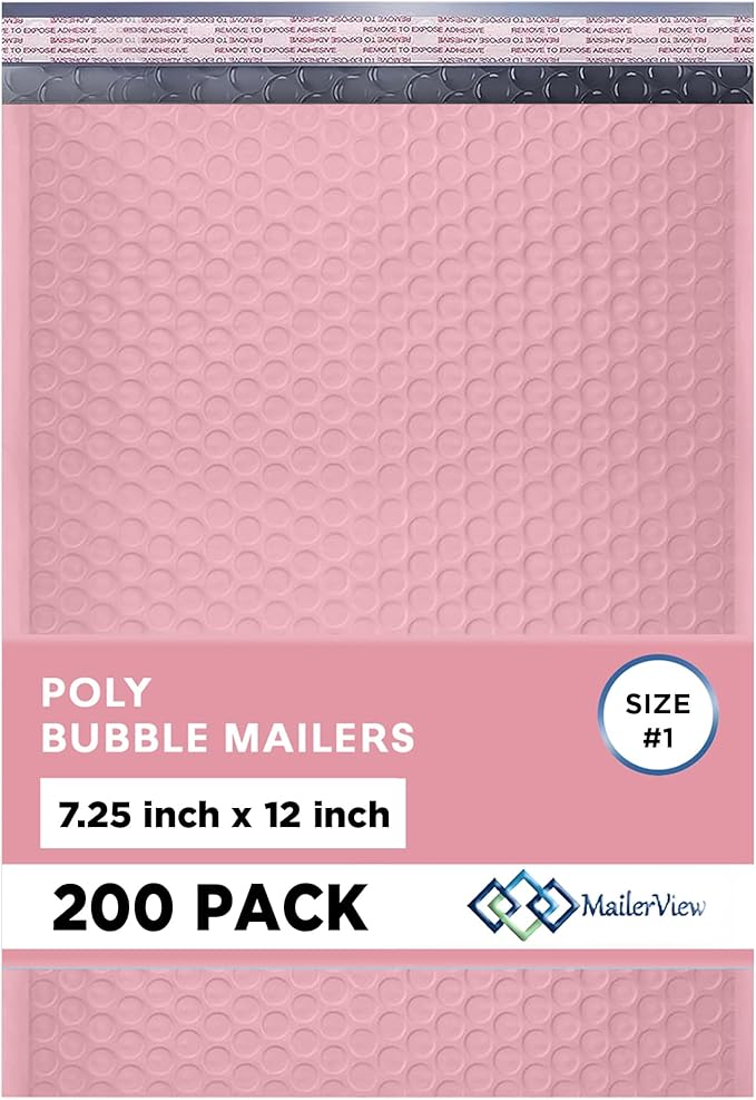 Light Pink Poly Bubble Mailers 7.25x12 inch #1 | Self Seal Padded Envelopes | Cushioned Bubble Mailer | Usable Size 7.25x11 | WaterProof | Lightweight mailing Shipping Bags | 200 Pack Bulk