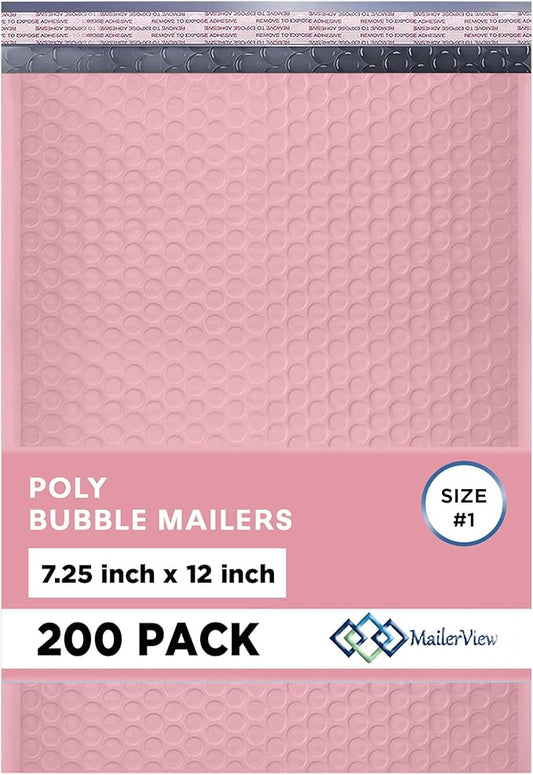 Light Pink Poly Bubble Mailers 7.25x12 inch #1 | Self Seal Padded Envelopes | Cushioned Bubble Mailer | Usable Size 7.25x11 | WaterProof | Lightweight mailing Shipping Bags | 200 Pack Bulk
