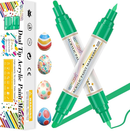 Paint Markers Paint Pens - 2 Pack Dual Tip Acrylic Permanent Marker (0.7mm & 3mm), Non-Toxic, Water-Based for Art Painting, Stone, Ceramic, Glass, Wood, Fabric, Metal, DIY Crafts (Green)