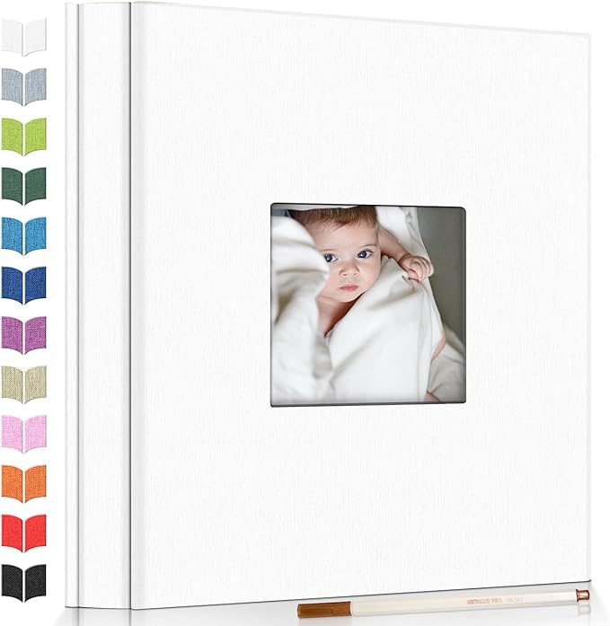 Photo Album Self Adhesive Scrapbook Album for 3x5 4x6 5x7 8x10 Pictures,120 Pages Linen Cover with Display Window DIY Photo Book,Ideal Gifts for Family Travel Wedding Baby