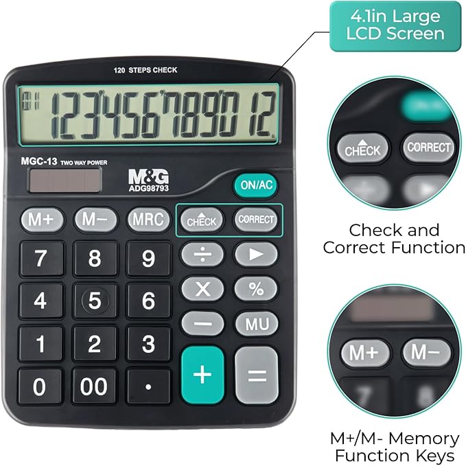 M&G Desk Calculator 12 Digit Office Calculators with Check & Correct, Dual Solar Power and Battery, Large LCD Display Business Calculator with Big Buttons Black