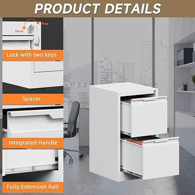 2 Drawer File Cabinet, Metal Vertical File Cabinets with Lock for Home Office, Locking File Cabinet Hanging Files for A4/ Legal/Letter, Assembly Required (White, 2 Drawer - 15" W)