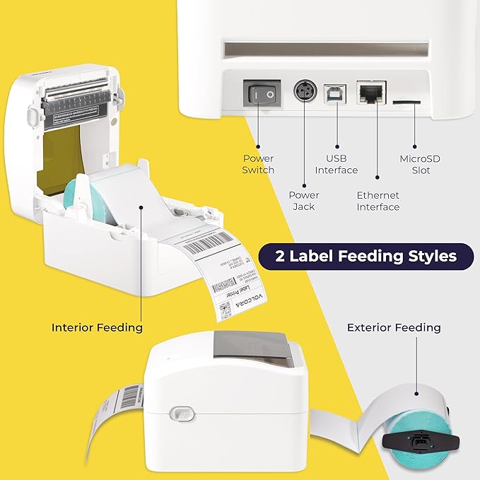 Volcora Thermal Label Printer with Ethernet/USB - Desktop 4x6 Shipping Label Printer, Compatible with Windows, Linux, Mac - Ideal for Small Business, Inkless Printer for Shipping Packages (White)