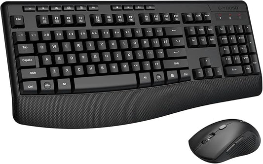 Wireless Keyboard and Mouse Combo, E-YOOSO 2.4GHz Full Sized Ergonomic Wireless Keyboard with Wrist Rest, 3 DPI Adjustable and 6 Buttons Cordless USB Mouse for Computer, Laptop, PC, Windows (Black)