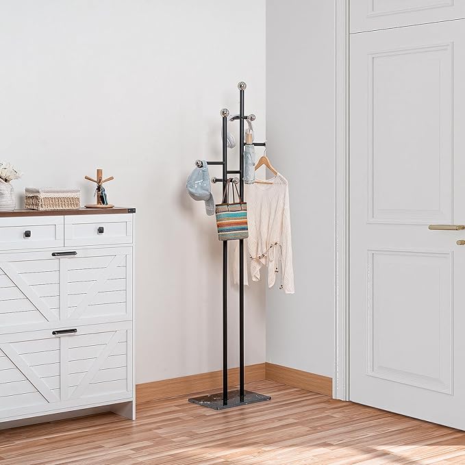 Coat Rack Freestanding with Square Marble Base Heavy Duty Metal Clothes Rack Hanging Stand for Entryway Bedroom Living Room Hotel 14.96 x 10.24 x 68.9 Inches (Black)