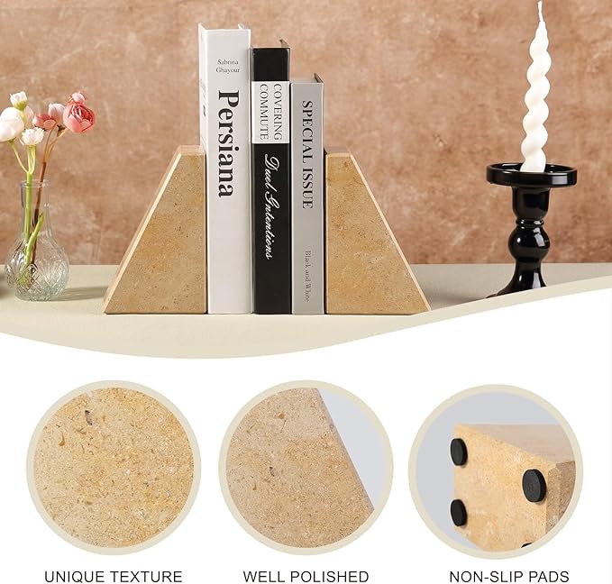 Koville Marble Bookends for Shelves, Large Bookends for Heavy Books, Non-Slip Heavy Duty Book Stopper for CD/Movies, Aesthetic Decorative Bookends for Shelves Table Home Decor(Brown)