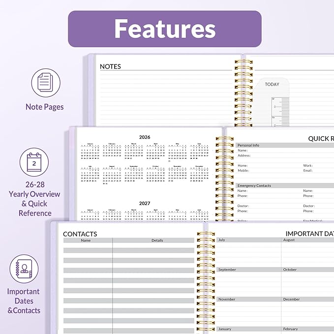 SUNEE 2026 Weekly and Monthly Planner - from January 2026 - December 2026, 8.5"x11" Daily Agenda Planner with Monthly Tab, Flexible Cover, Note Pages, Pockets, Bookmark, Spiral Binding, Purple