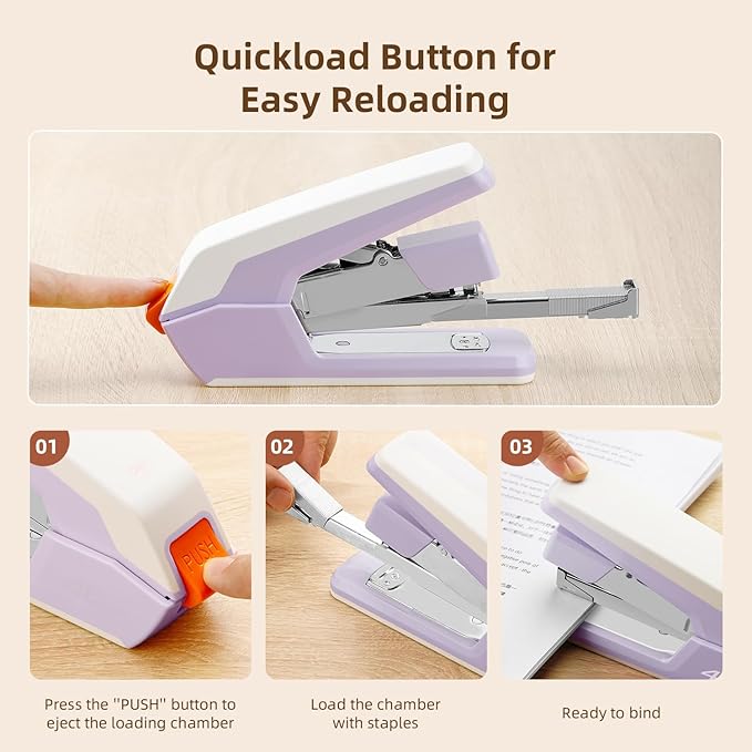 Deli Effortless Desktop Stapler, Heavy Duty Stapler, 40-50 Sheet Capacity, One Finger, No Effort, Includes 1500 Staples & Staple Remover, Violet