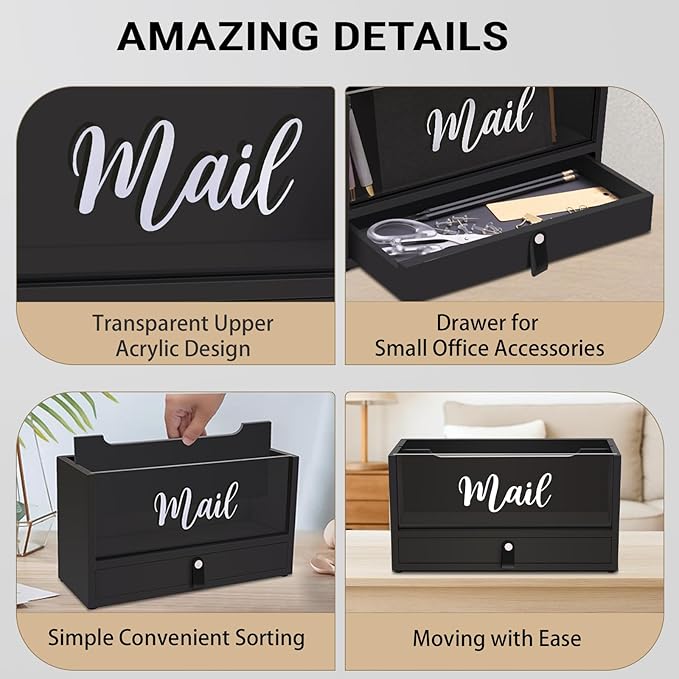 Two-Layer Solid Wooden Mail Storage Organizer Holder with Clear Acrylic Top and Bottom Drawer, Leather Handle, Keeping Mail, Bills, Letters, Cards and Office Supplies in One Place, Home Decor Gifts