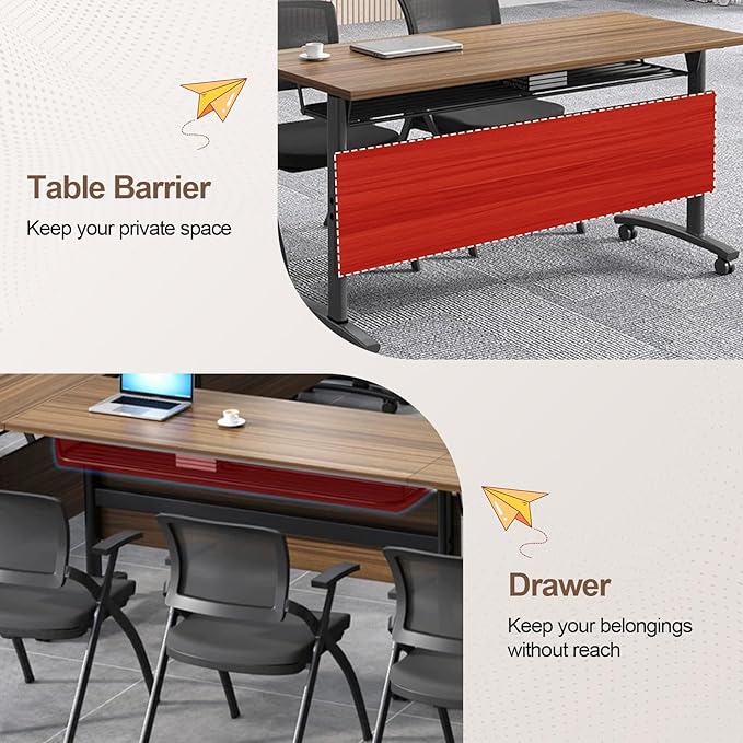 Folding Conference Room Table, Modern Conference Tables with Wheels, Large Rectangular Mobile Training Tables for Office Classroom, Foldable Modular Boardroom Seminar Table Walnut (8pack L47.2in)